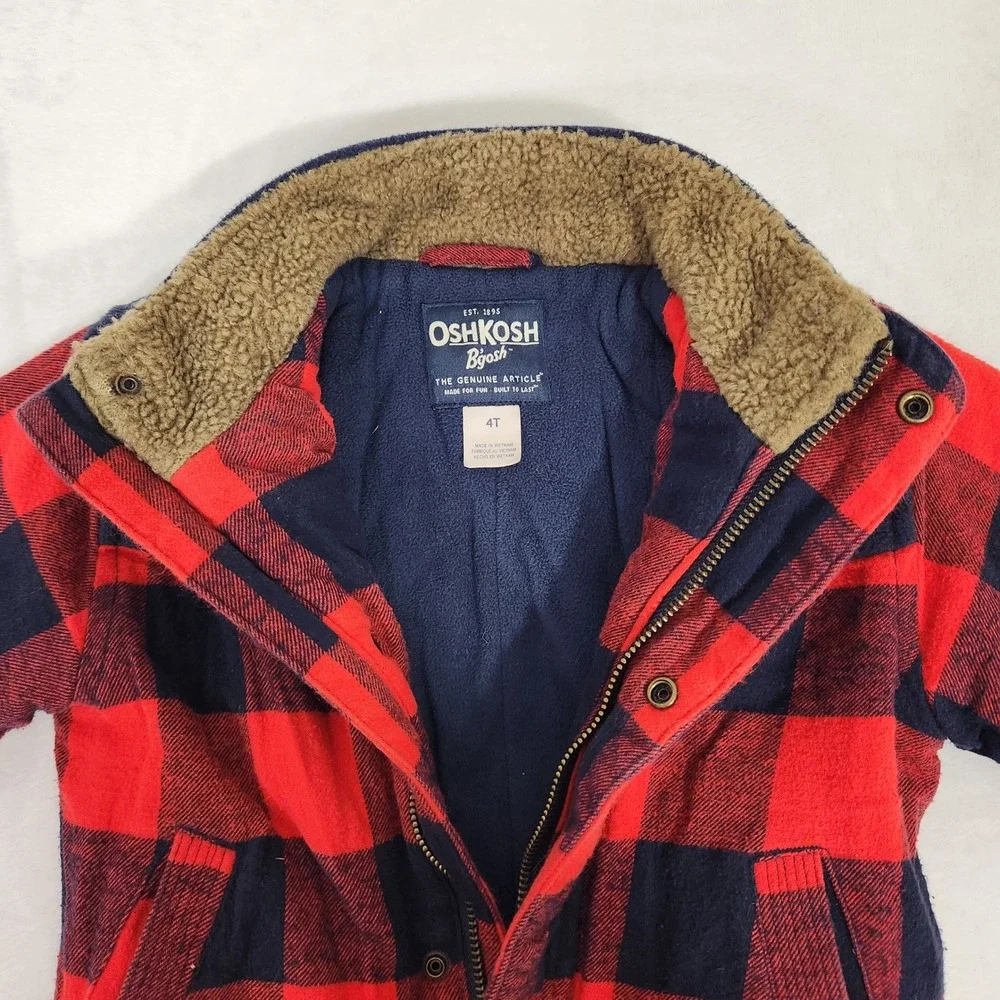 OshKosh B'gosh Kids 4T Buffalo Plaid Sherpa Collar Fleece Lined Jacket Red Navy